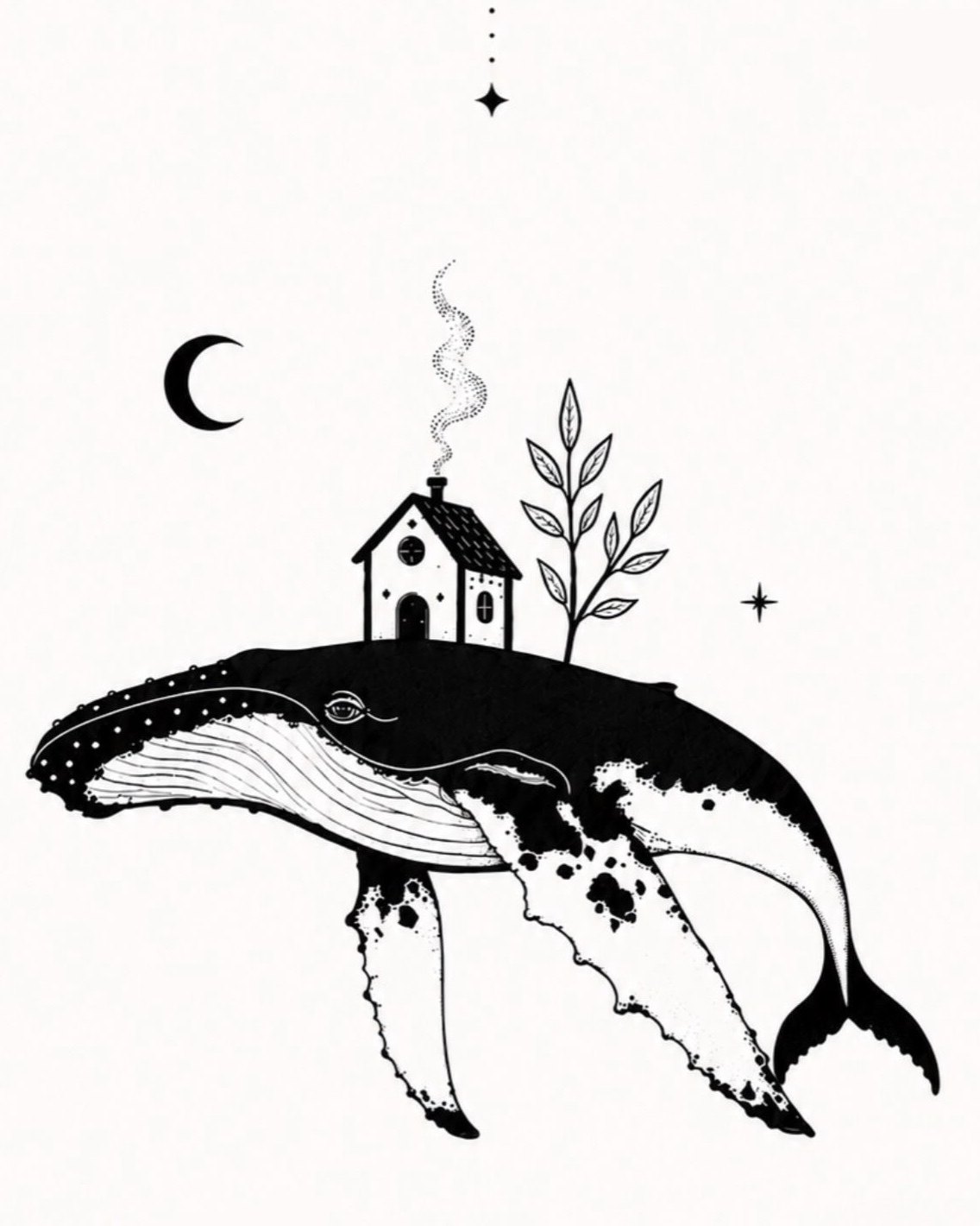 Desenho em preto de uma baleia carregando uma casinha, uma planta e uma lua