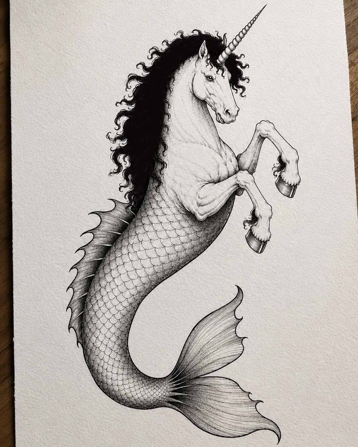 Desenho a nanquim de um hipocampo com chifre de unicórnio e cauda de peixe